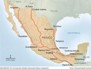 Map of Mexico showing a red line from south to north, passing through major cities such as Mexico City, Guadalajara, and Tijuana, indicating a route or border.