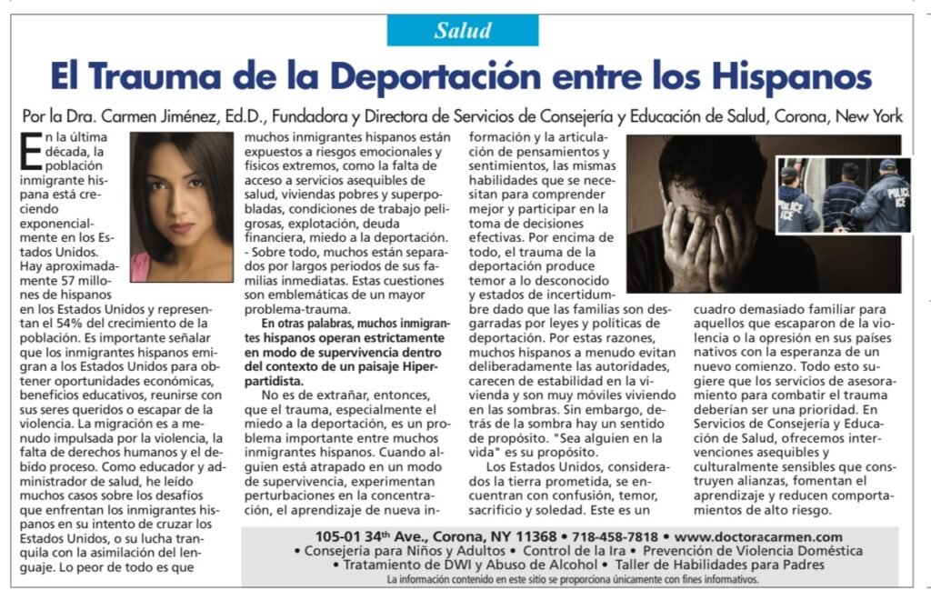 Article titled 'El Trauma de la Deportación entre los Hispanos' discussing emotional and physical risks faced by Hispanic immigrants, especially those who are deported, through a photo of a woman holding her face and a photo of police officers.