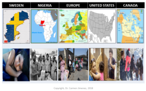 A series of maps showing different regions: Sweden, Nigeria, Europe, United States, and Canada, followed by images of people in various settings including sleeping, historical photo, public gathering, and children playing.