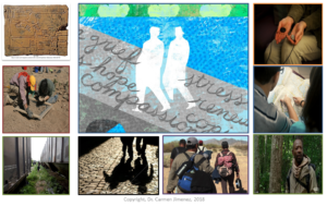 Collage of nine images including a worn wooden object, a person planting flowers, handwritten notes on paper, two candles, a hand holding a pen, a person reading a book, a view through a window, people walking on a trail, and a man with a beard