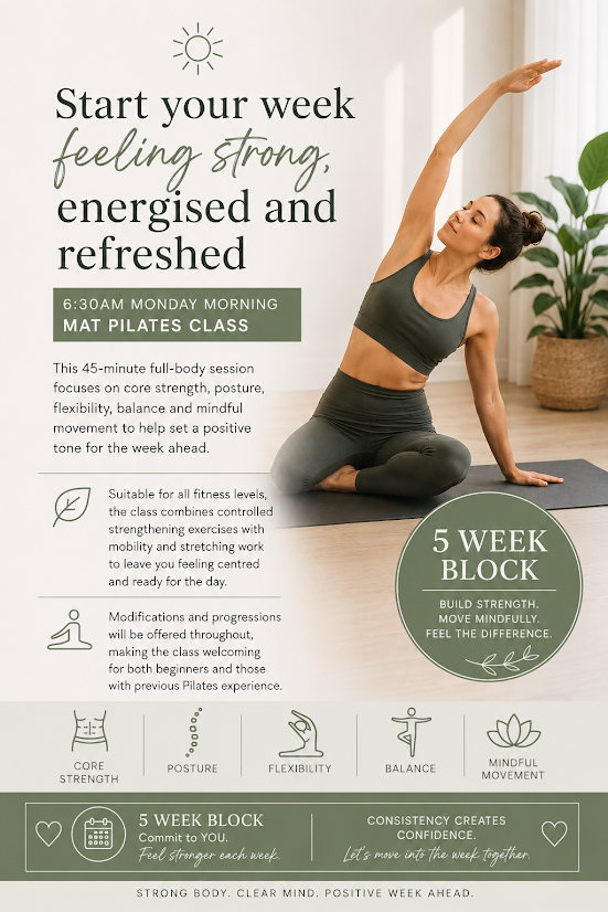 6:30am 5 Week Block Mat Pilates Class starting Monday 18th May - Seanchoill
