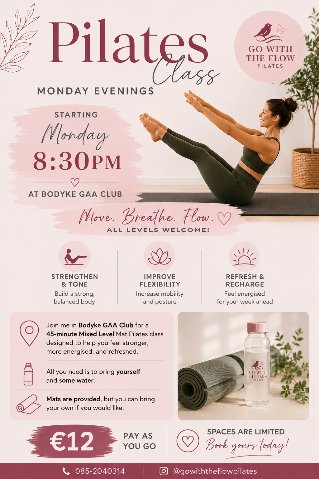 8:30pm Mat Pilates Class Monday 15th June - Bodyke