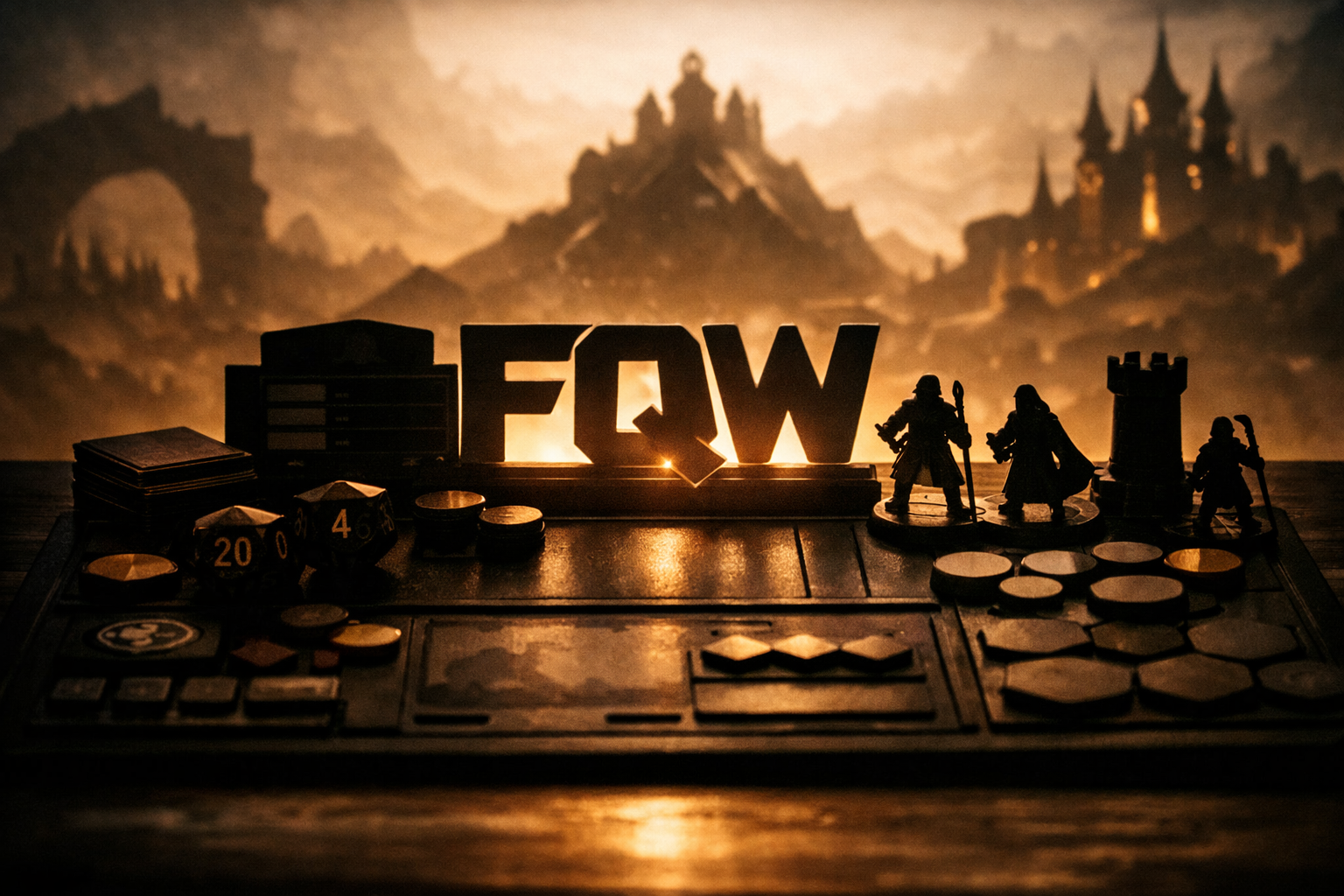 Silhouettes of fantasy game miniatures and tokens on a TTRPG gaming table with illuminated 'FOW' sign in the center, and Frontier Quests, neurodivergent, autism, assent-based, affirming