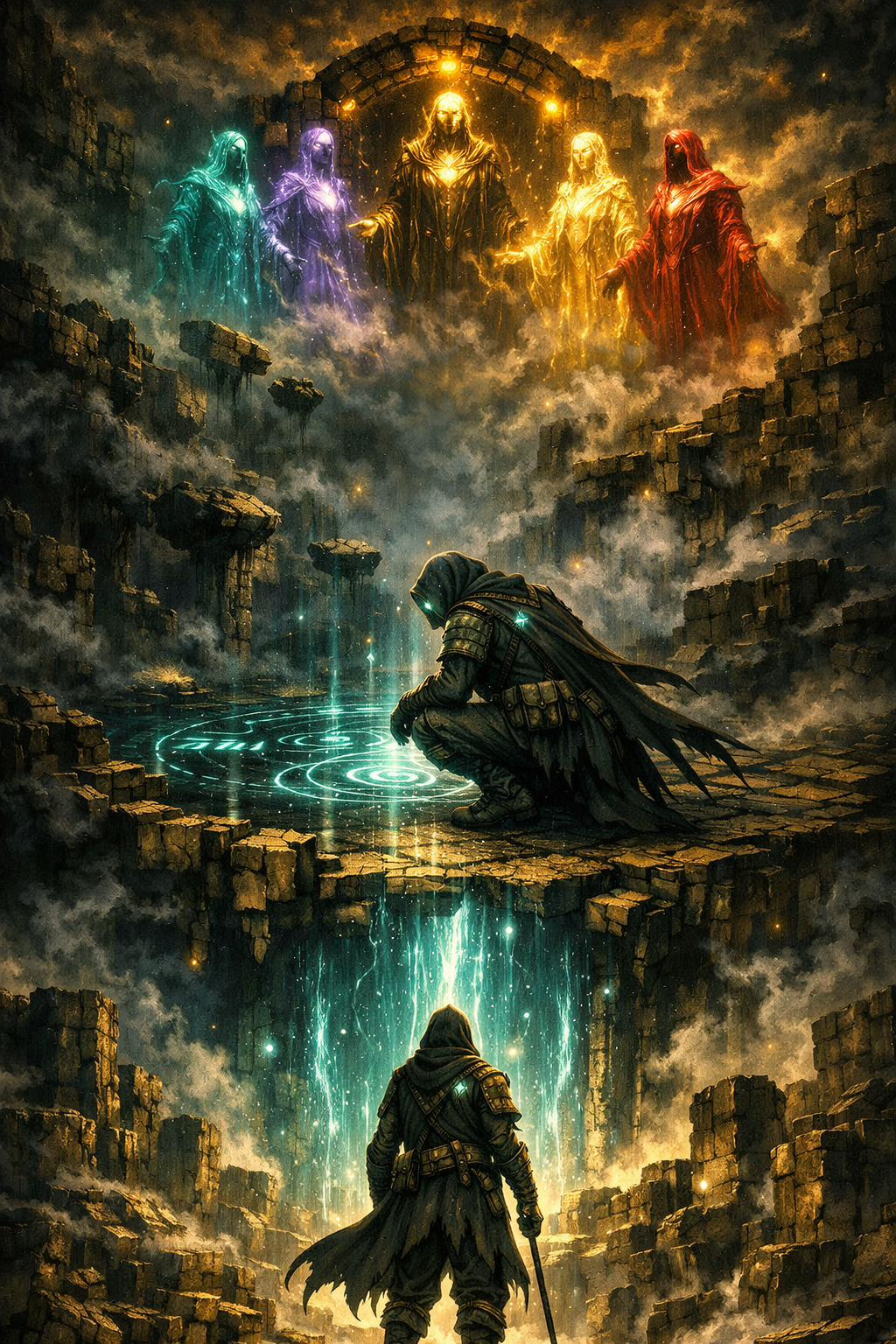 An example FQW fantasy scene showing a hooded figure kneeling on a broken stone platform, with glowing magic circles on the ground and water below, while a hooded figure stands with a sword, gazing at a glowing waterfall of light.