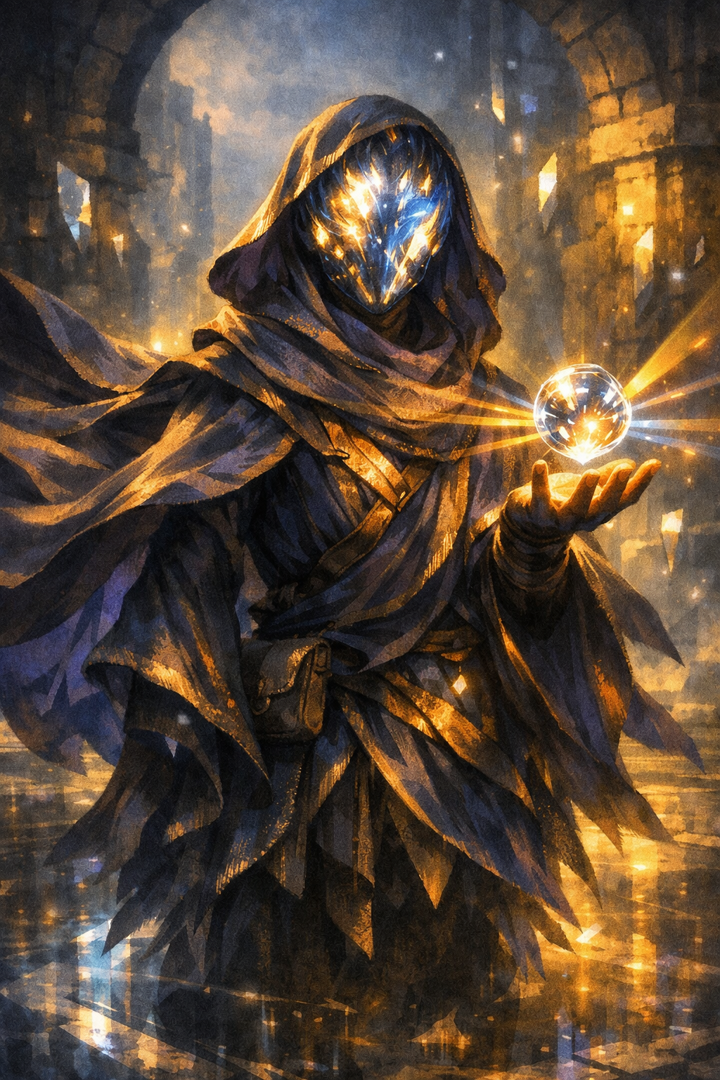 A mysterious figure in dark, layered robes with a hood, holding a glowing orb in their hand, set against a futuristic cityscape with glowing lights and structures. Example character from FQW.