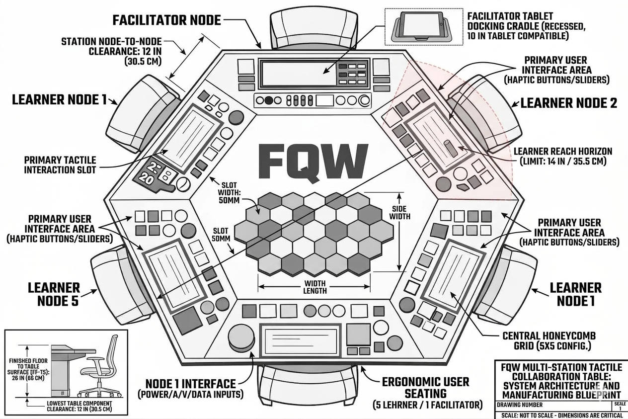 FQW Technical Schematic - multi-station tactile collaboration table with facilitator node, learner nodes, user interfaces, and various measurement sensors.