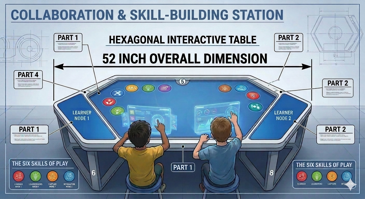 The FQW Platform - a hexagonal interactive skill-building table for collaboration, measuring 52 inches. Features two learner nodes with children engaging with the touchscreen, and five total learner stations.