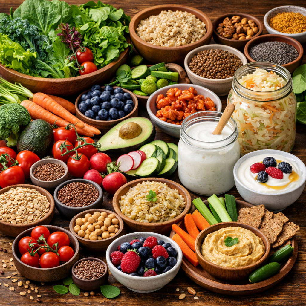 Assorted whole foods including leafy greens, berries, fermented vegetables, yogurt, nuts, seeds, and hummus supporting gut microbiome diversity.