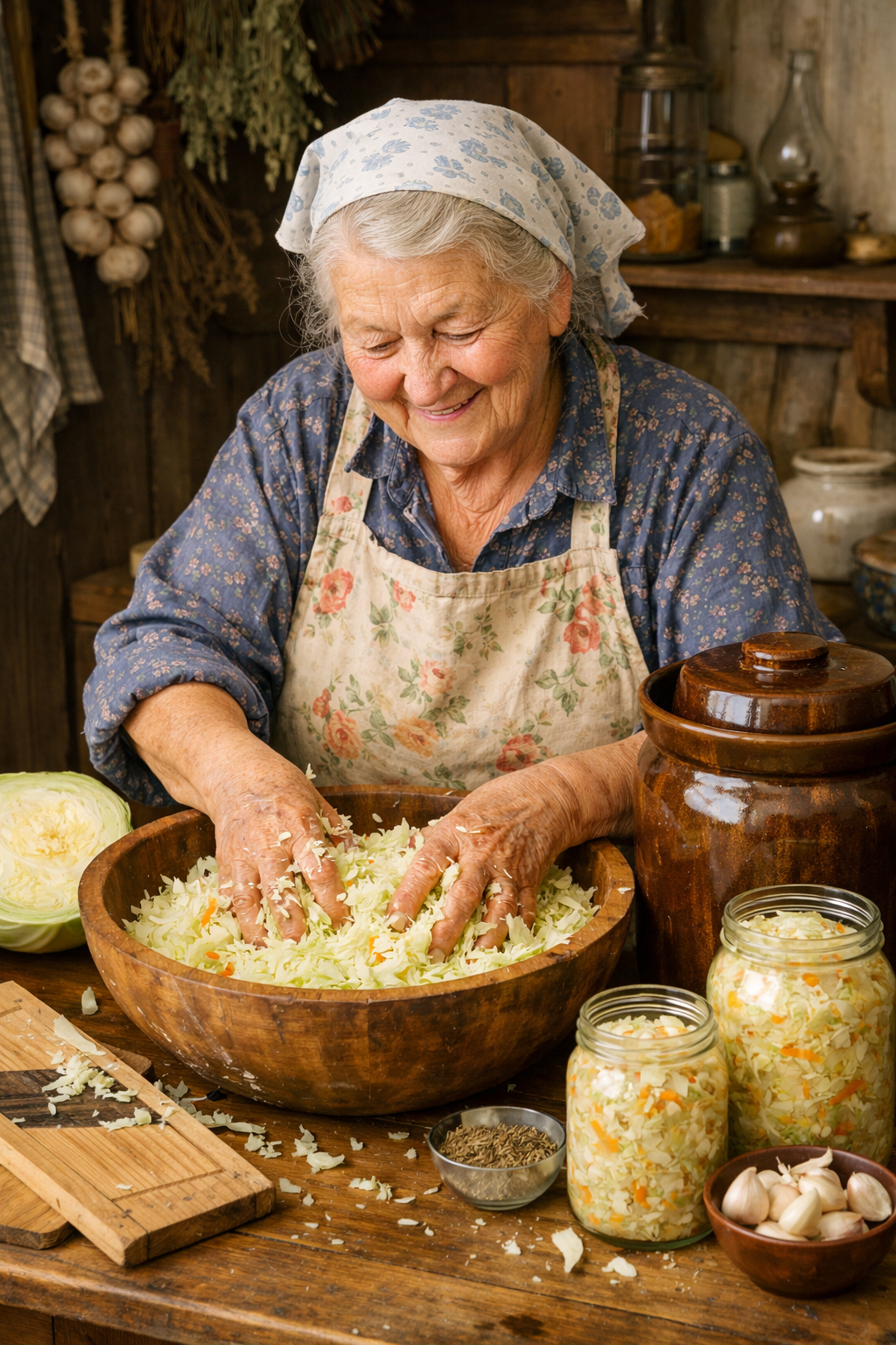 Woman preparing homemade sauerkraut with fresh cabbage, a fermented food that supports gut microbiome health