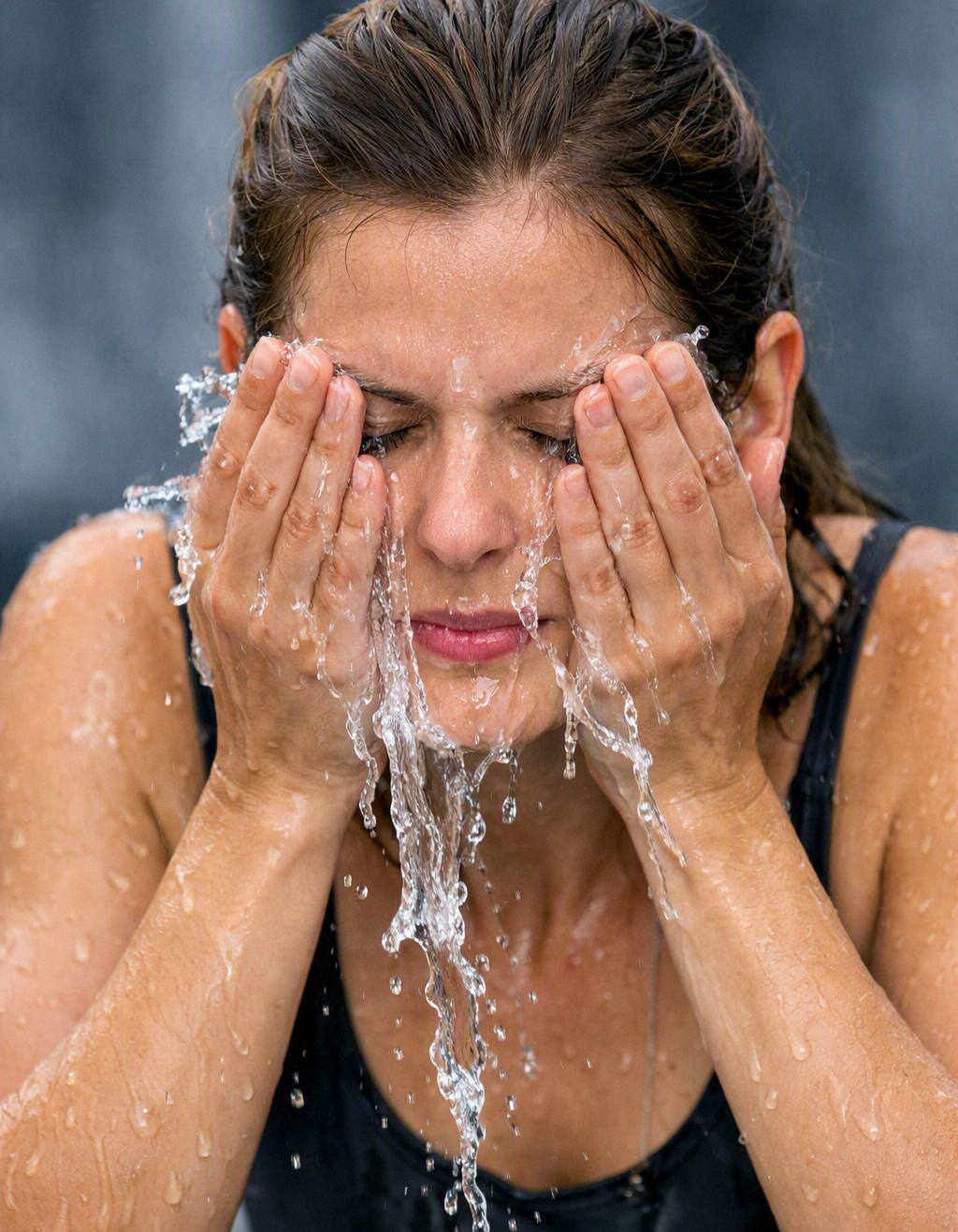 Woman splashing cold water on her face to activate the mammalian dive reflex and calm the vagus nerve