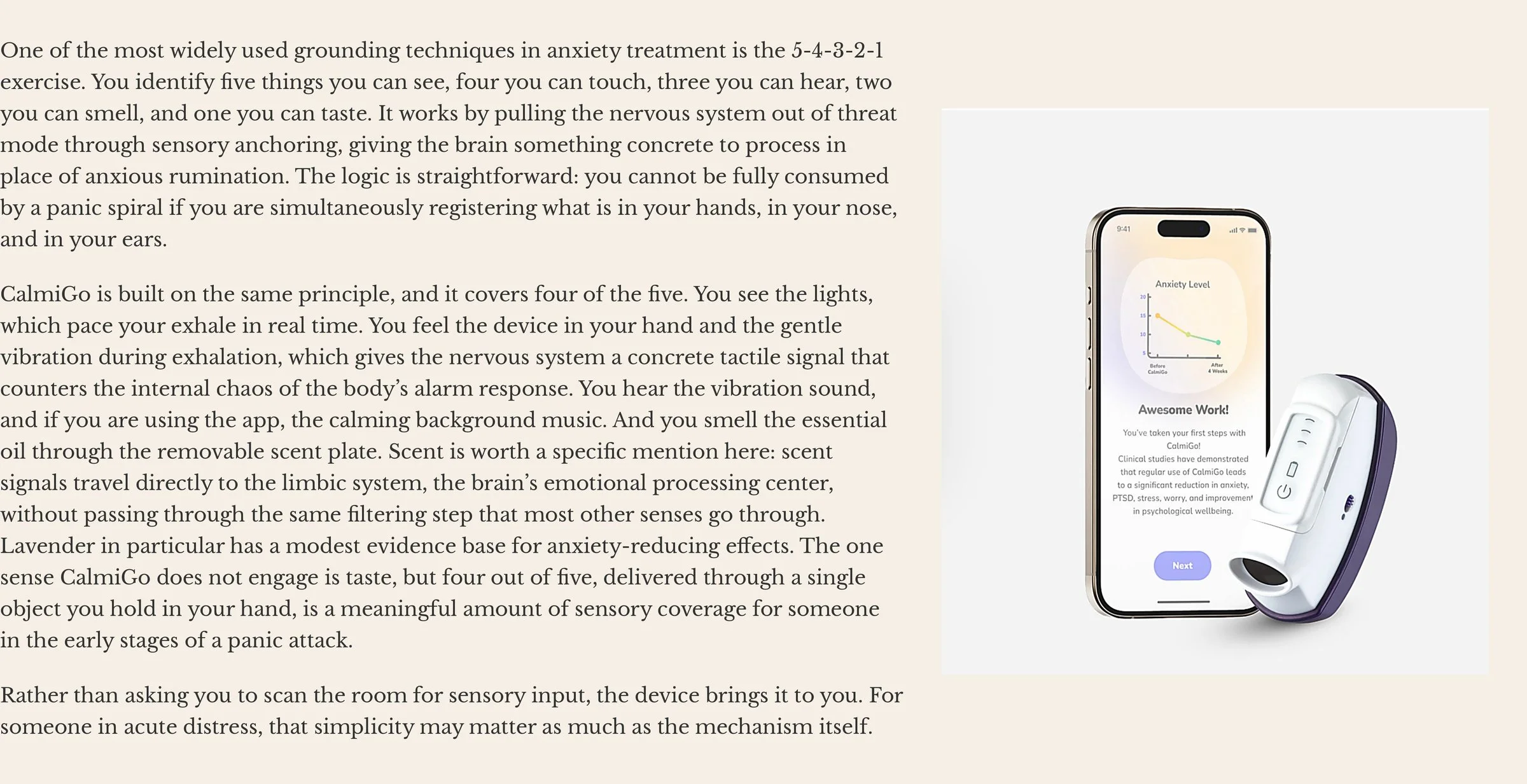 The CalmiGo companion app displayed on a phone beside the CalmiGo device, showing an anxiety-level progress chart and an onboarding screen.