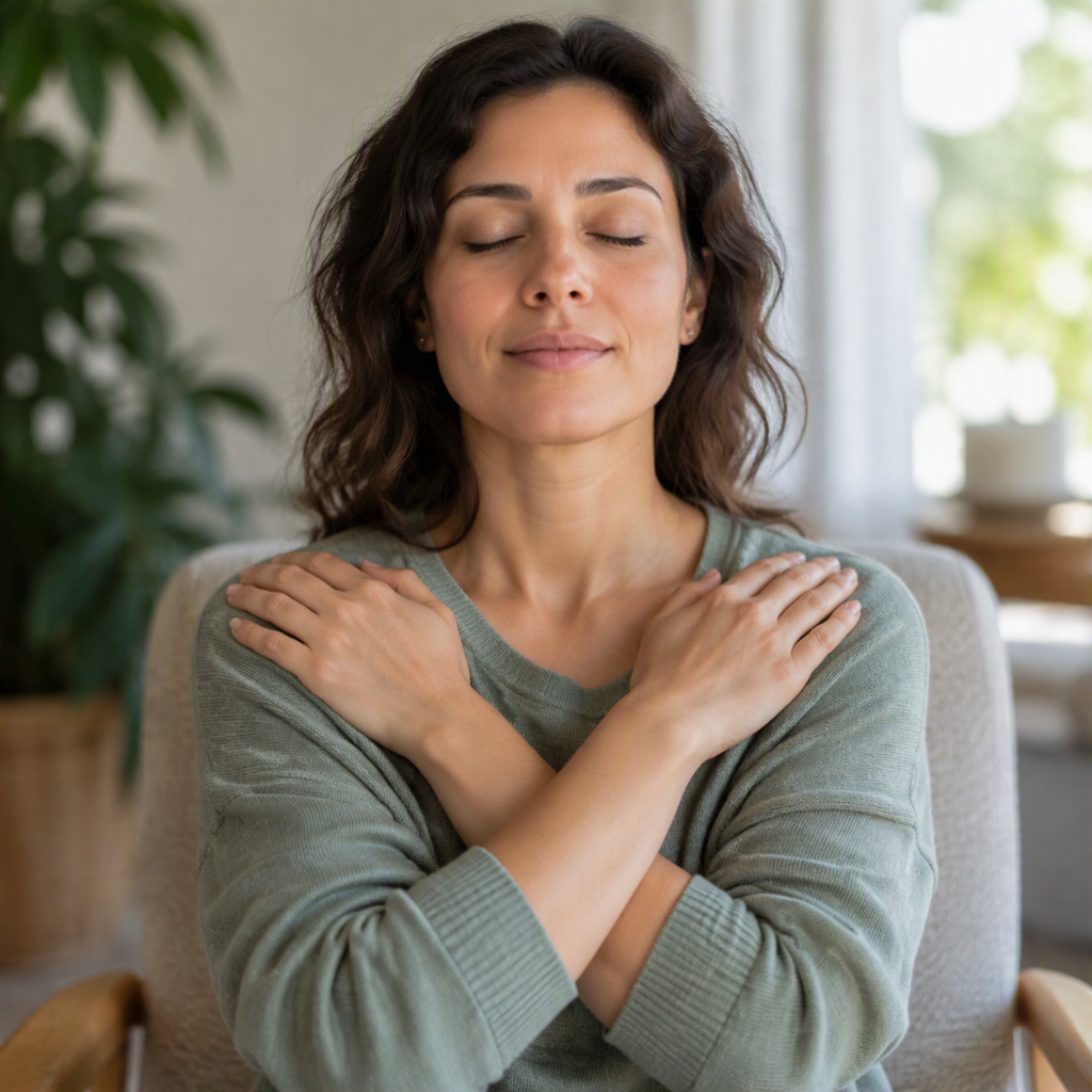 Woman sitting with eyes closed and arms crossed over her chest, hands resting near her shoulders, practicing butterfly tapping to calm the nervous system