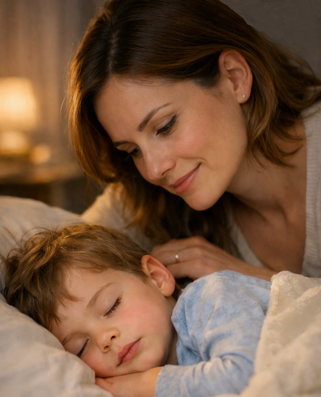 A mother leaning over her young son as he sleeps, watching him with a gentle smile in a softly lit bedroom, a quiet moment of parental observation