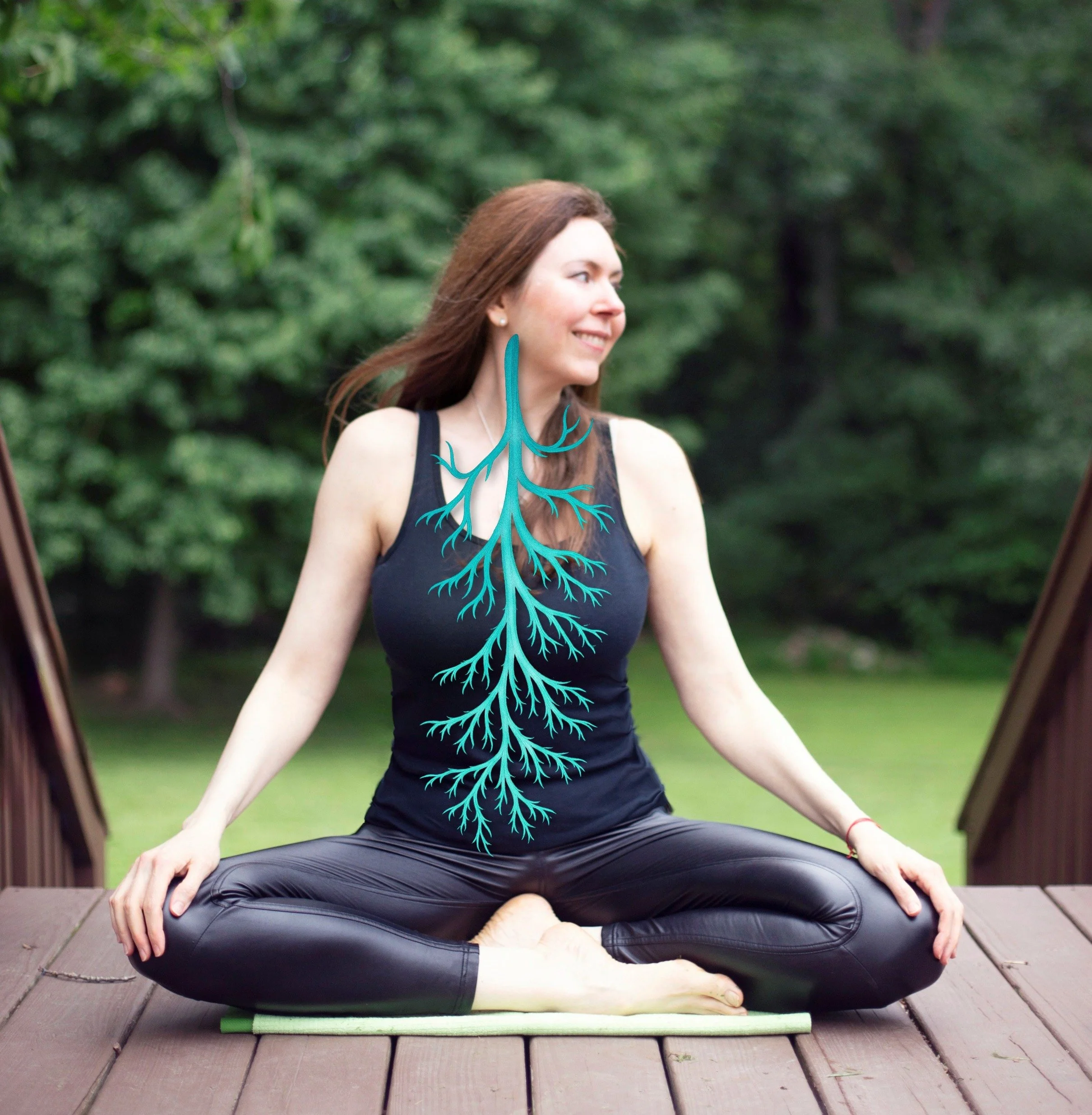 Illustration of the vagus nerve pathway overlaid on a woman seated outdoors, showing how it branches through the body.