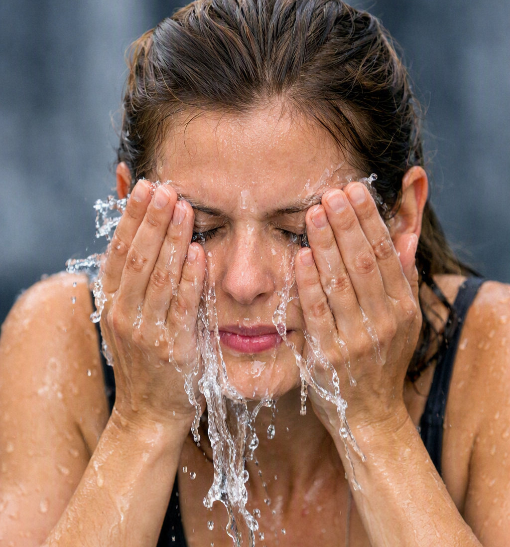 Woman splashing cold water on her face, a gentler way to trigger the dive reflex and calm the nervous system
