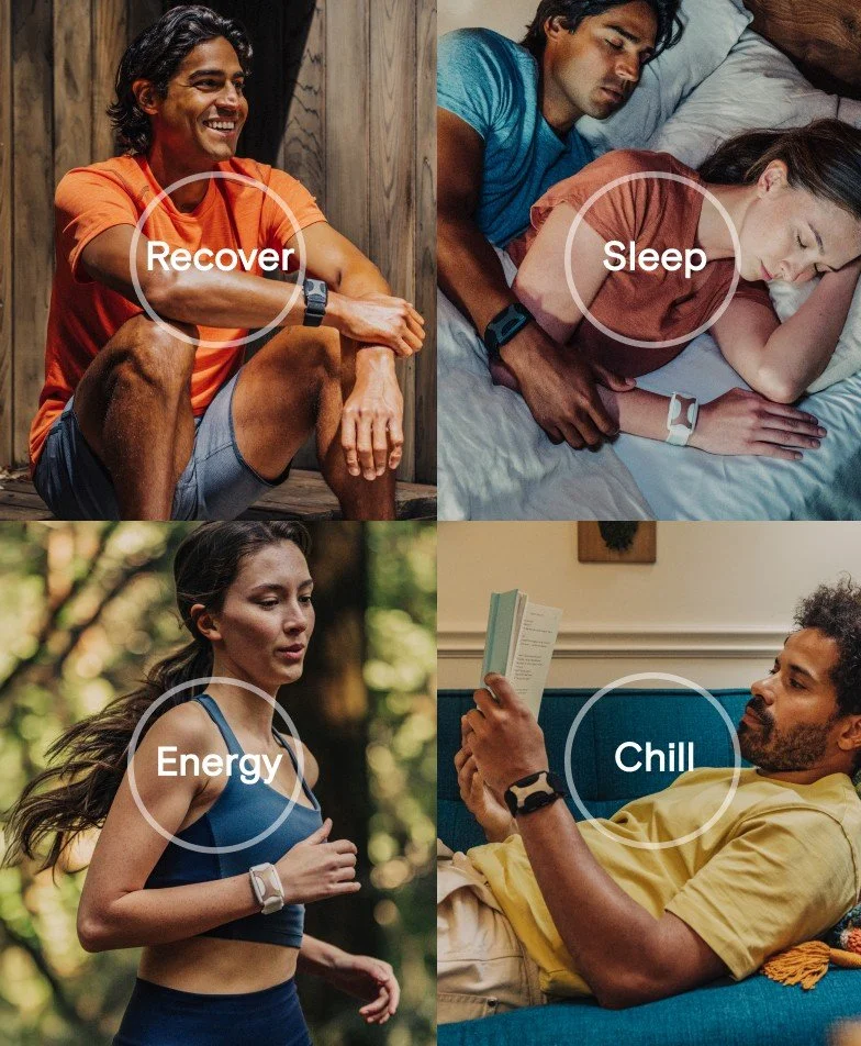 Apollo Neuro promotional image showing the device worn during four activities: recovery, sleep, energy, and chill.
