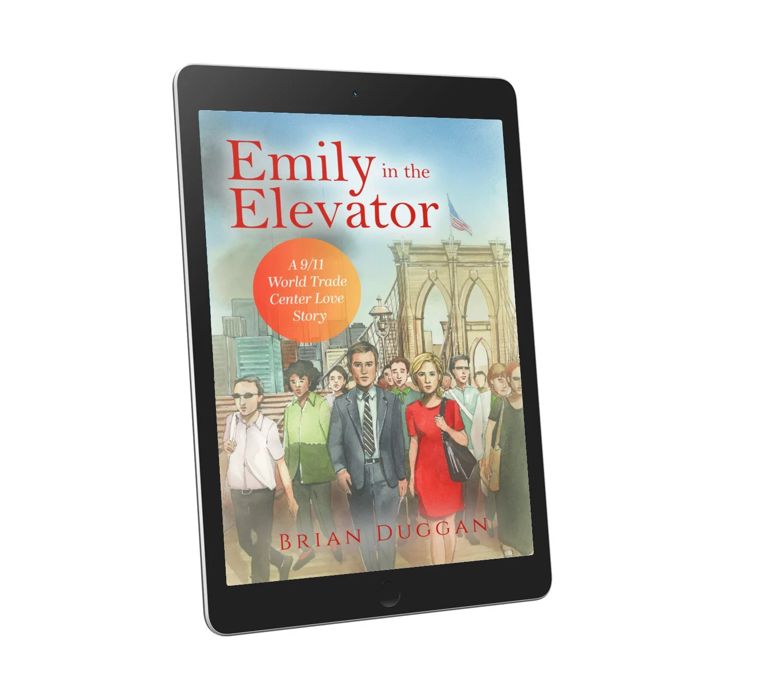 E-book cover titled "Emily in the Elevator" by Brian Duggan, with illustrations of people walking on the Brooklyn Bridge, including a man in a suit and a woman in a red dress, with Lower Manhattan in the background.