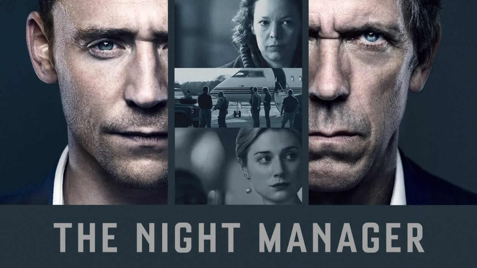 Poster for 'The Night Manager' showing two main male characters' faces, a woman, a plane, and a group of people at the airport.