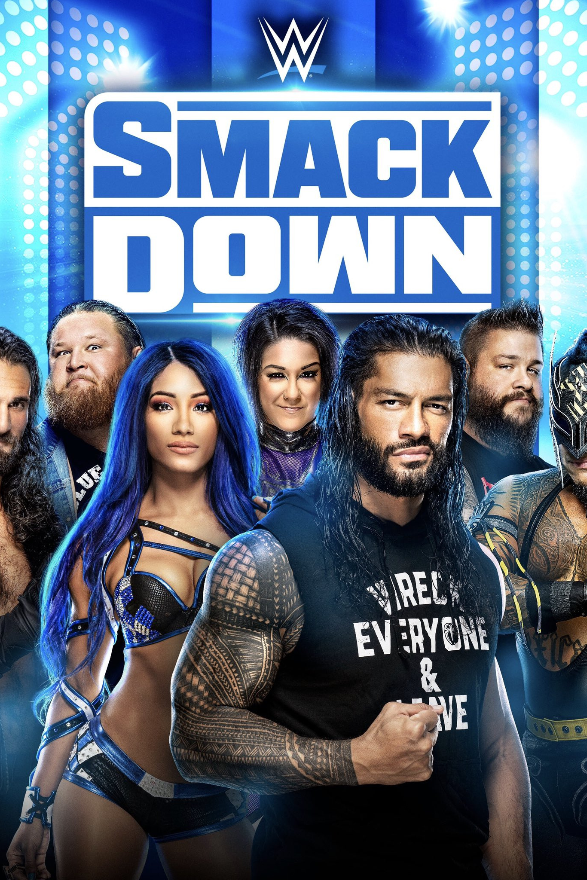 WWE SmackDown promotional poster featuring several wrestlers, including a woman with bright blue hair and a man with long hair and tattoos, set against a blue and white background with the WWE logo at the top.