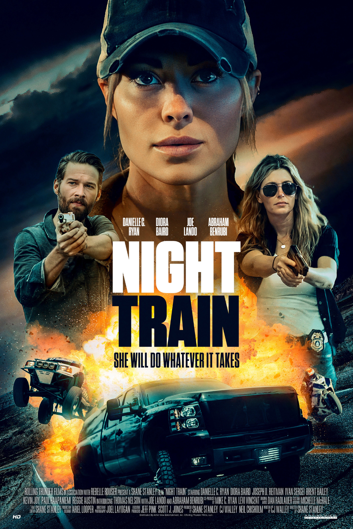 Movie poster for 'Night Train'. The poster features a large portrait of a woman wearing a cap, with intense eyes. Below her, there are images of a man with a gun, a woman with sunglasses also holding a gun, an explosion, and vehicles including a police car, a black SUV, and a motorcycle. The tagline reads, 'She will do whatever it takes.'