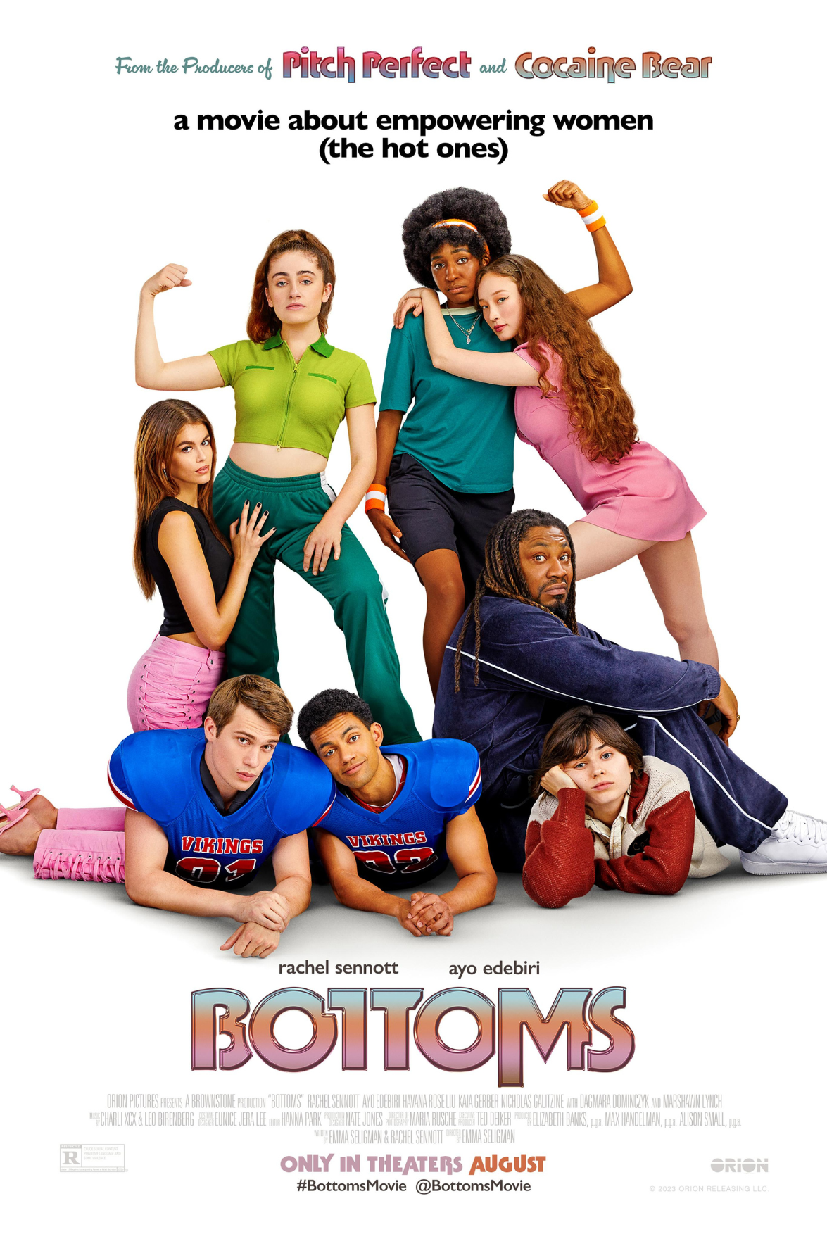 Poster for the movie 'Bottoms' featuring six young people posing confidently, with some flexing muscles, in colorful casual clothing. The title is at the bottom, with credits and release information.