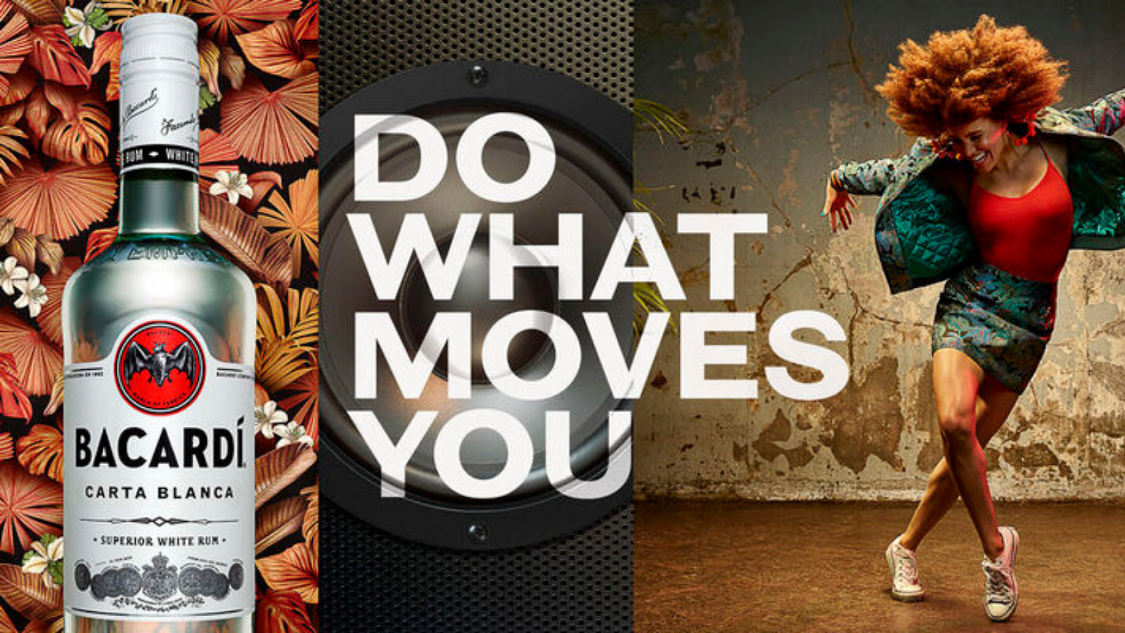 A Bacardi bottle on a floral background, a speaker with the text "Do what moves you," and a woman with an afro dance pose against a distressed wall.