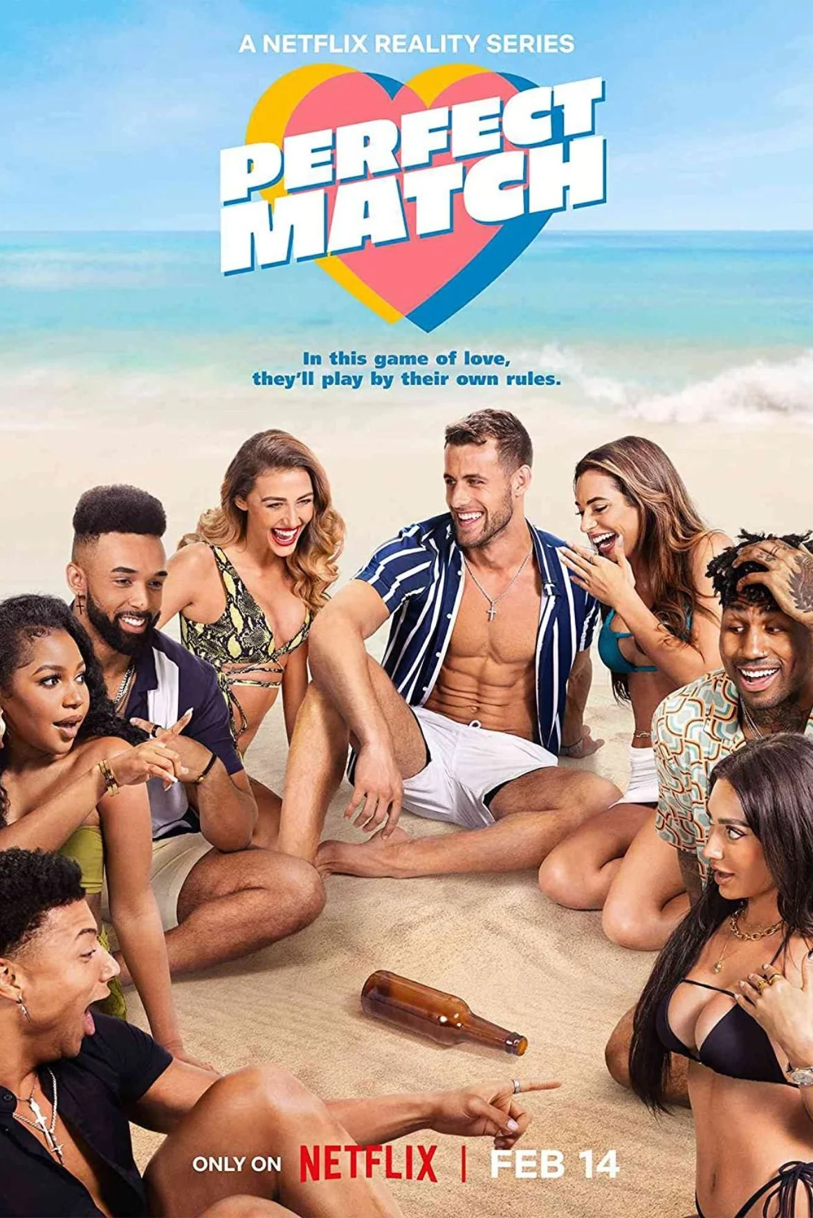 Poster for Netflix reality series 'Perfect Match' featuring diverse group of people enjoying a beach setting, with some sitting on sand, smiling and laughing, with a background of ocean and sky.