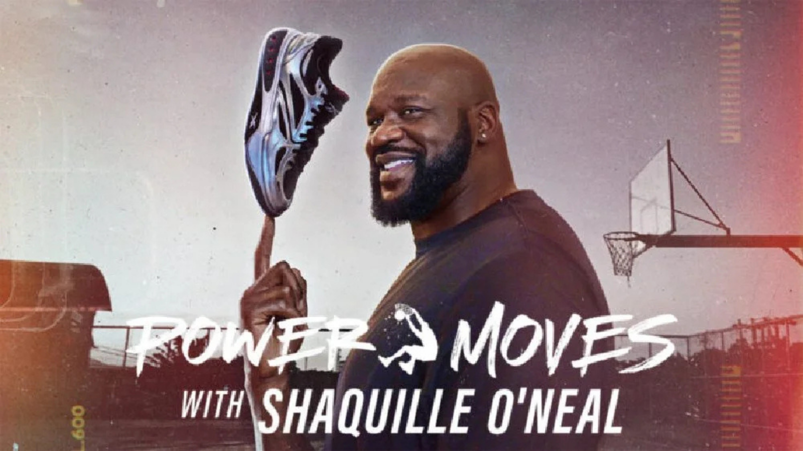 A smiling man holding a sneaker with a basketball court in the background. The text on the image reads, "Power Moves with Shaquille O'Neal."