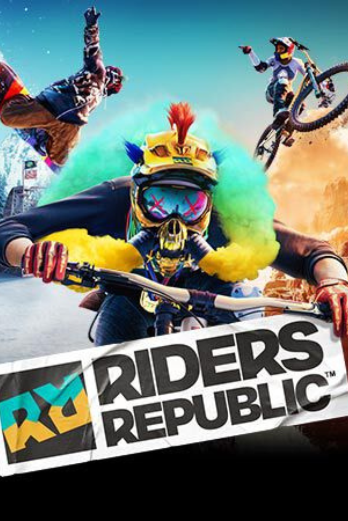 A person wearing a colorful skull mask, a yellow helmet with feathers, and a yellow feathered plume, riding a bicycle in a race, with two other cyclists performing tricks in the background, during a race event.