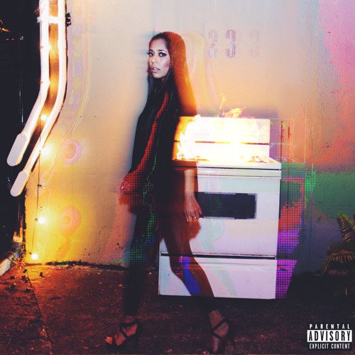 A woman standing next to an oven with colorful neon lights and a distorted, glitchy effect in the background.