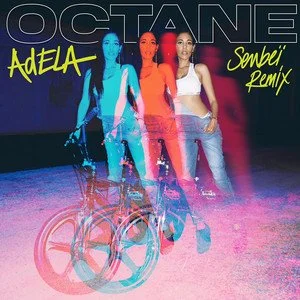 Album cover for Destiny's Child featuring Adella with a remix title. The cover shows multiple overlapping images of three women standing and riding a bicycle, with neon-colored text.
