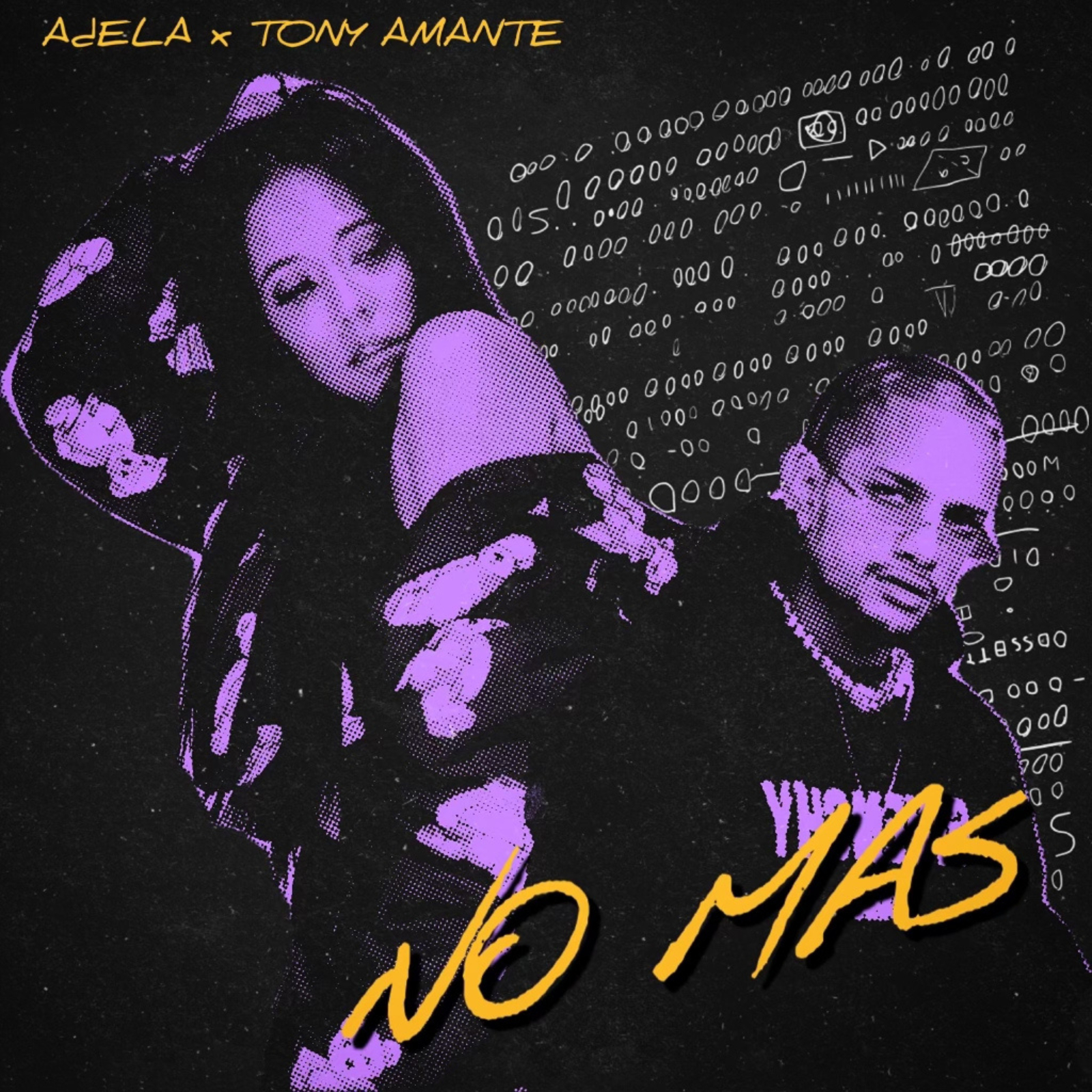 A black and purple graphic featuring two women, one with long dark hair and one with tied back hair, surrounded by handwritten text, symbols, and doodles, with the phrase 'Adela x Tony Amante' at the top.