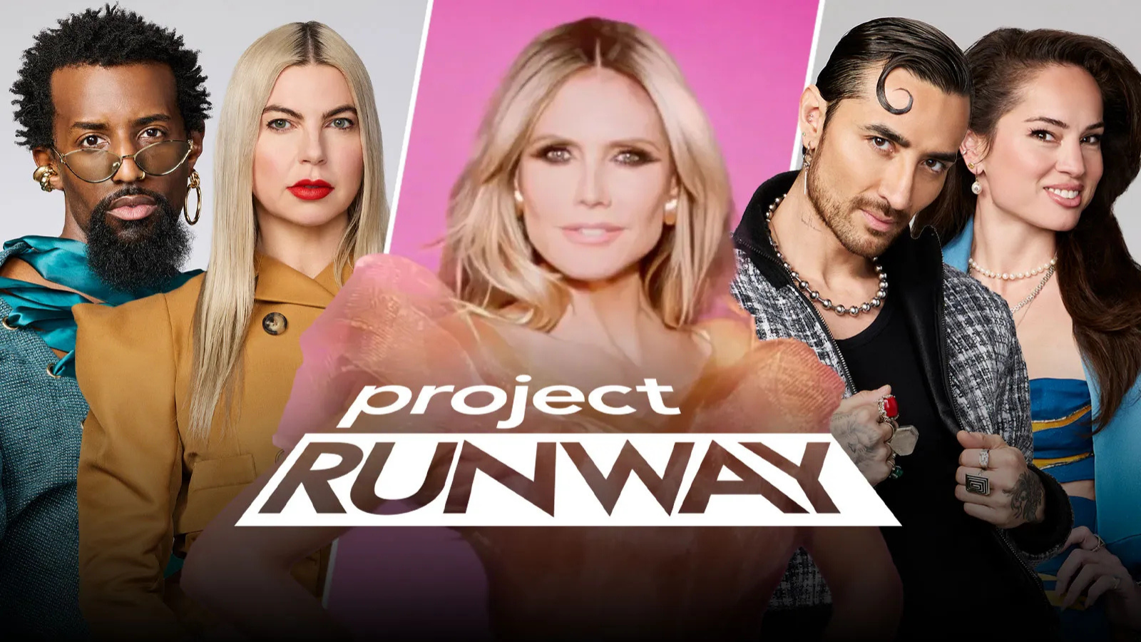 Promotional poster for Project Runway featuring six diverse contestants with the show logo in the center.