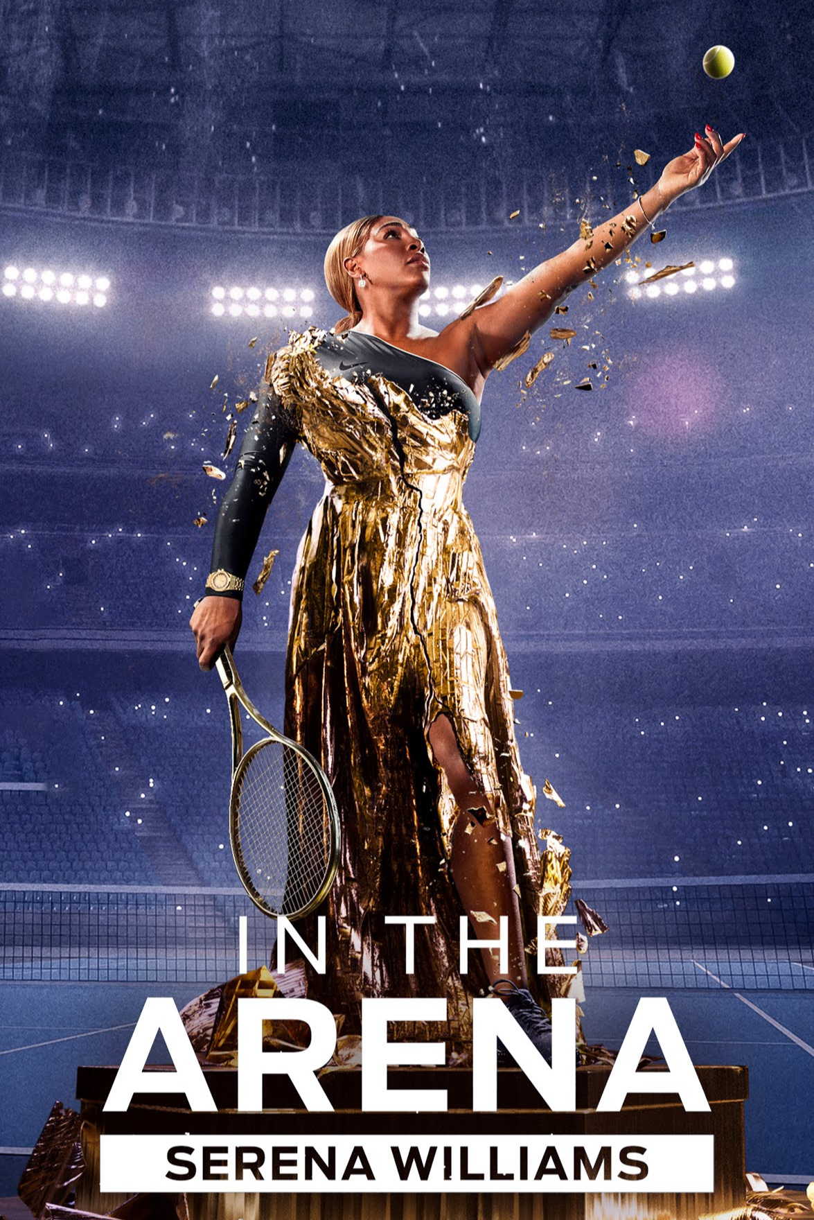 Cover of a book titled 'In the Arena' featuring Serena Williams in a gold and black dress, holding a tennis racket, in a stadium setting with bright lights.