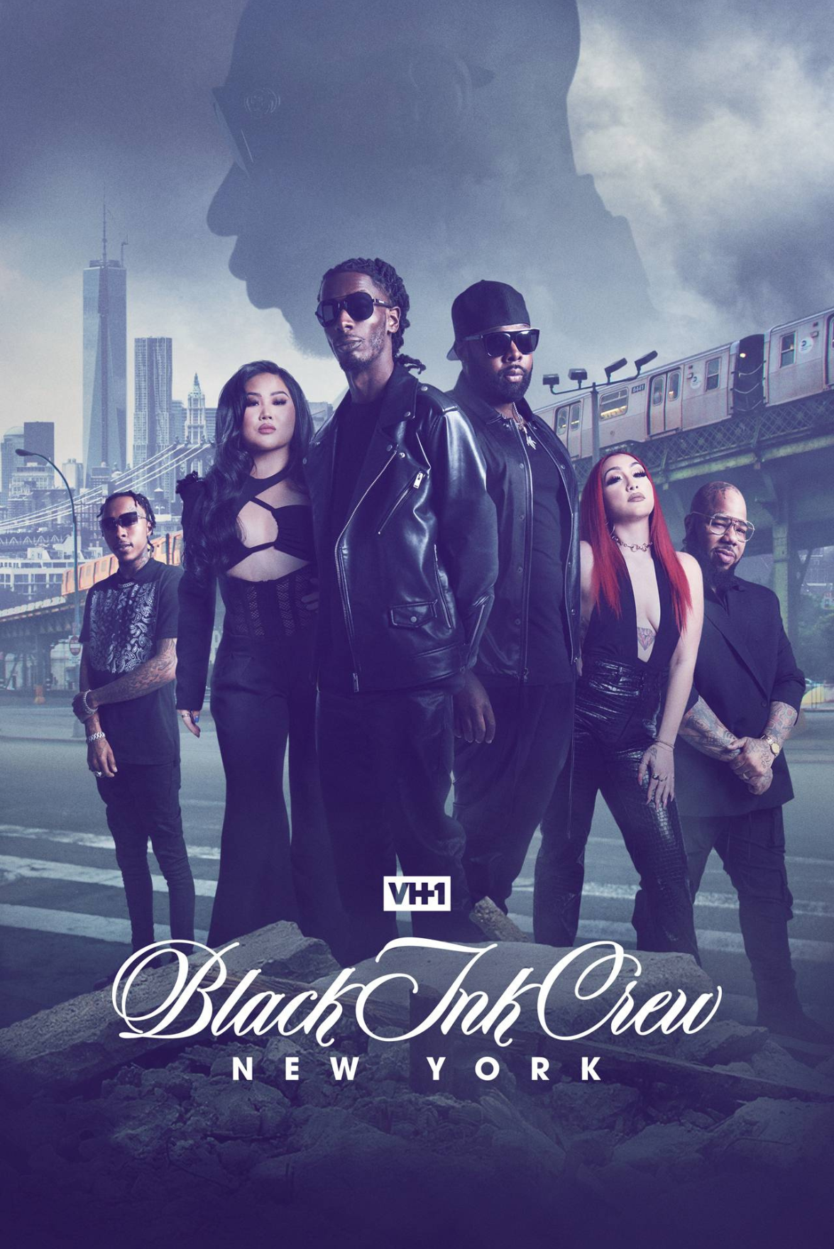 Poster image of the VH1 documentary 'Black Ink Crew New York' featuring six individuals in urban attire standing on a city street with New York City skyline and subway train in the background.