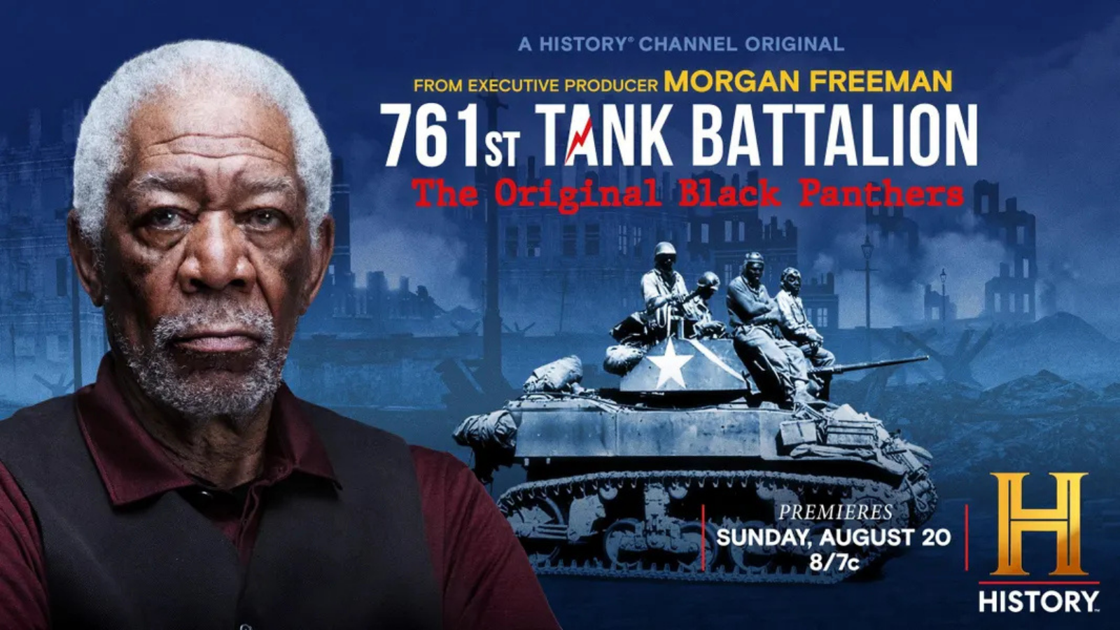 Promotional poster for a History Channel documentary titled 'The Original Black Panthers,' featuring a photograph of an elderly black man with white hair and a beard, and an illustration of a WWII tank with soldiers against a war-torn city background. The poster includes details about the premiere date, Sunday, August 20 at 8/7c, and the History Channel logo.