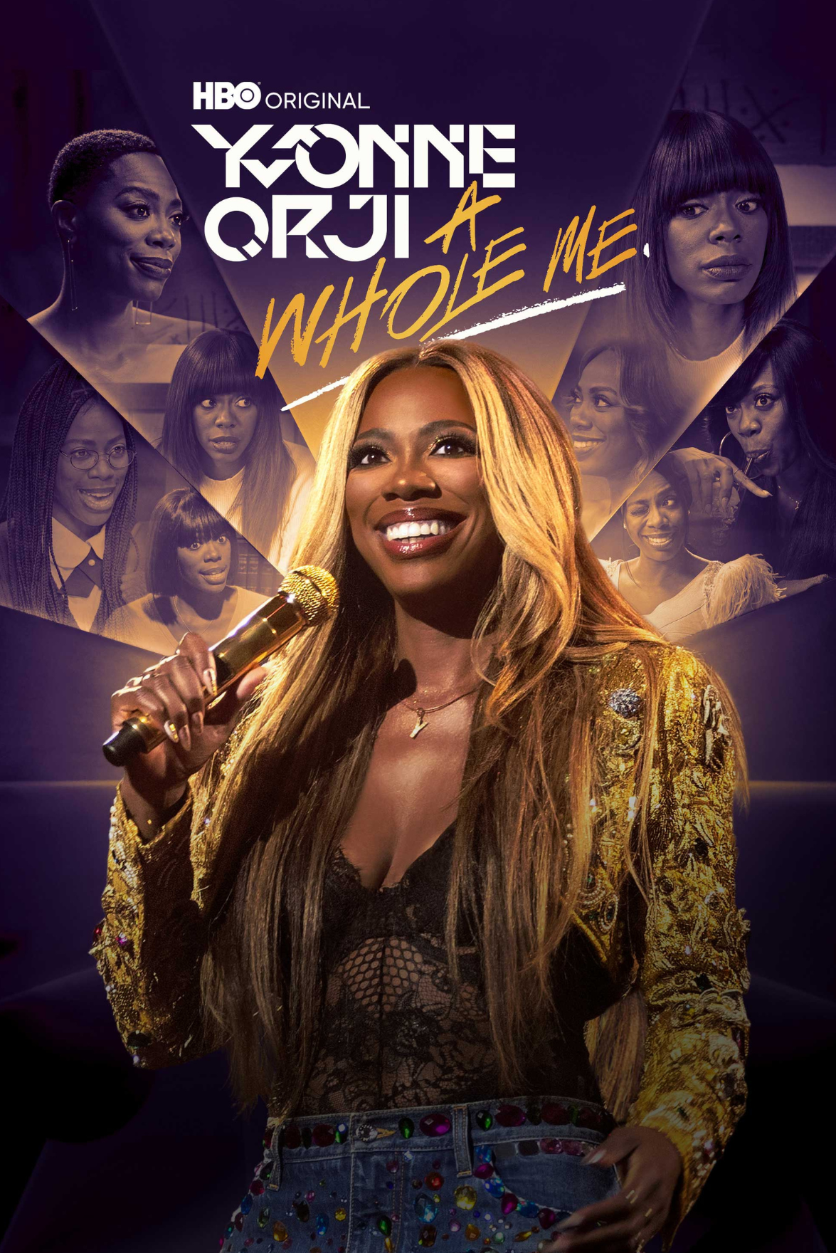 Promotional poster for the HBO original show 'Yvonne Orji: A Whole Me' featuring a woman with long blonde hair holding a microphone, wearing a gold jacket and black lace top, with images of other women in the background.