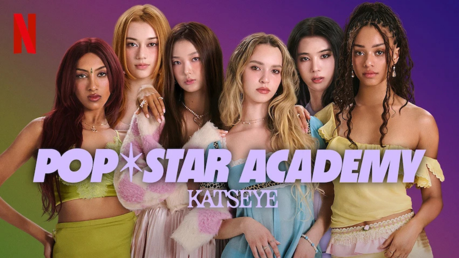 Promotional poster for Netflix series 'Popstar Academy' featuring six young women with diverse hair colors and styles, standing together against a colorful background with the title and creator's name.