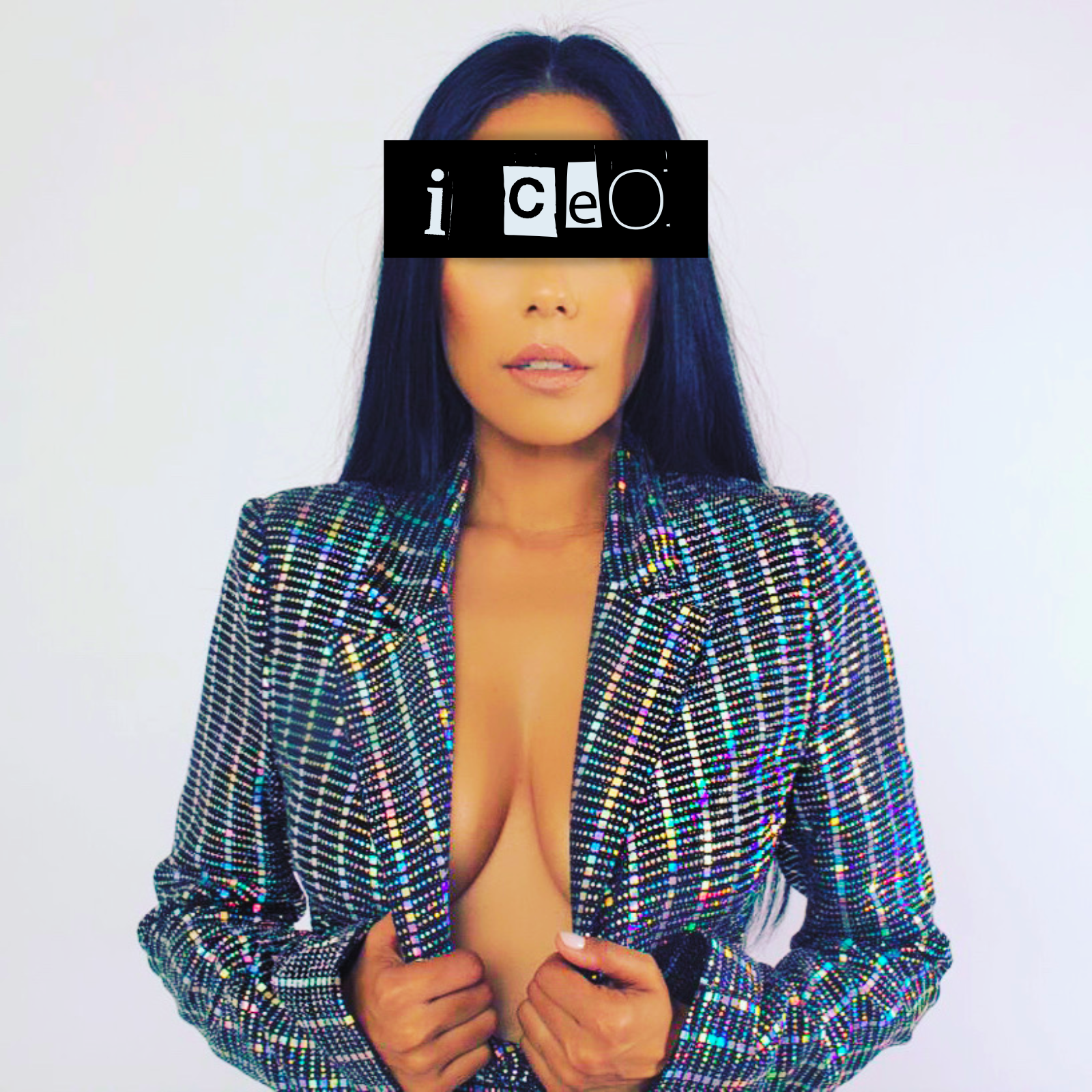 A woman with black hair wearing a colorful, glittering blazer, holding the blazer open to reveal her cleavage, with a black bar and the word 'ico' obscuring her eyes.
