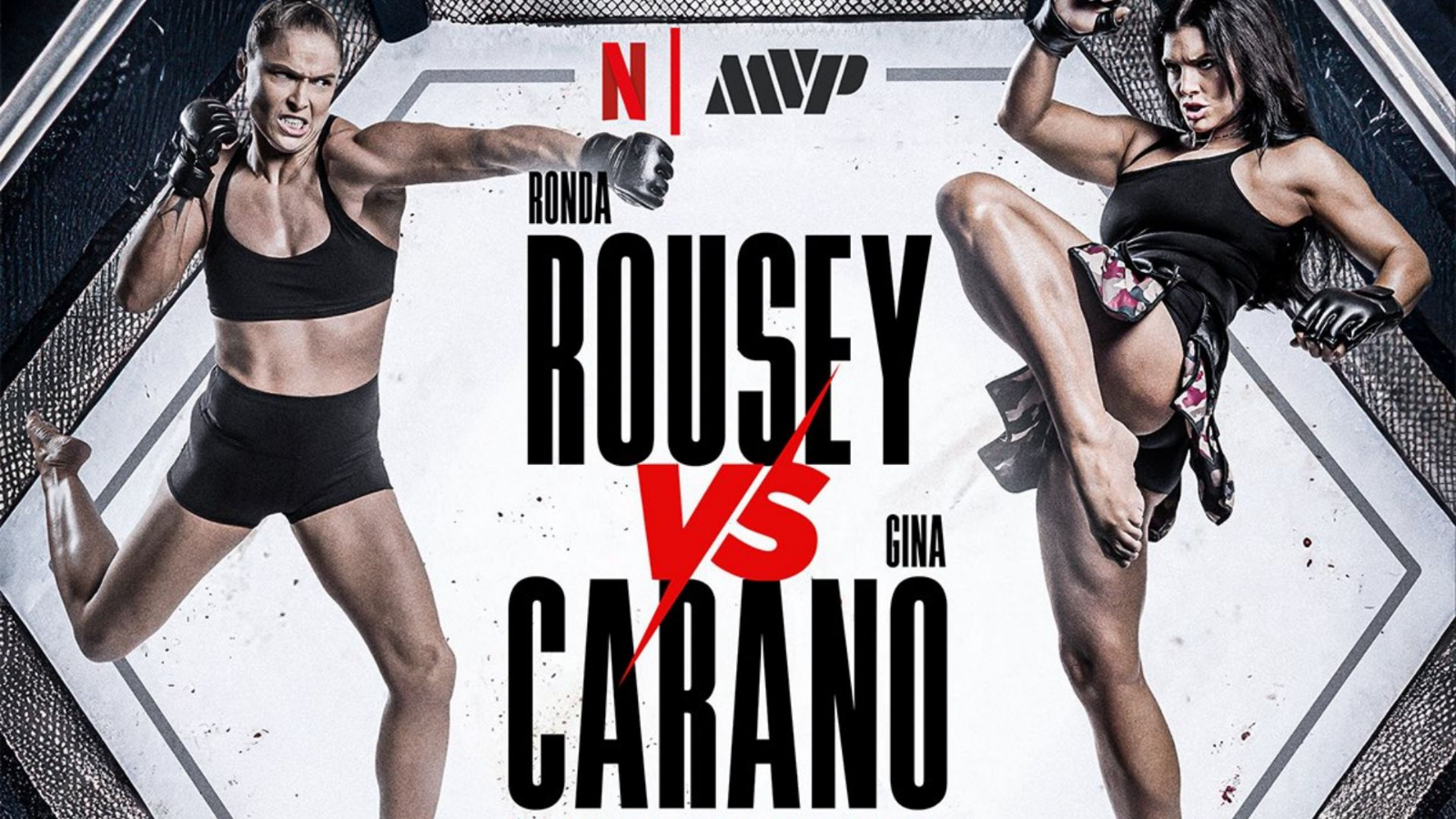 Promotional poster for a mixed martial arts fight featuring two female fighters, Ronda Rousey and Gina Carano, in a cage with a stylized background. Ronda Rousey is on the left in black sports bra and shorts, throwing a punch. Gina Carano is on the right in black tank top and shorts, with a high kick.