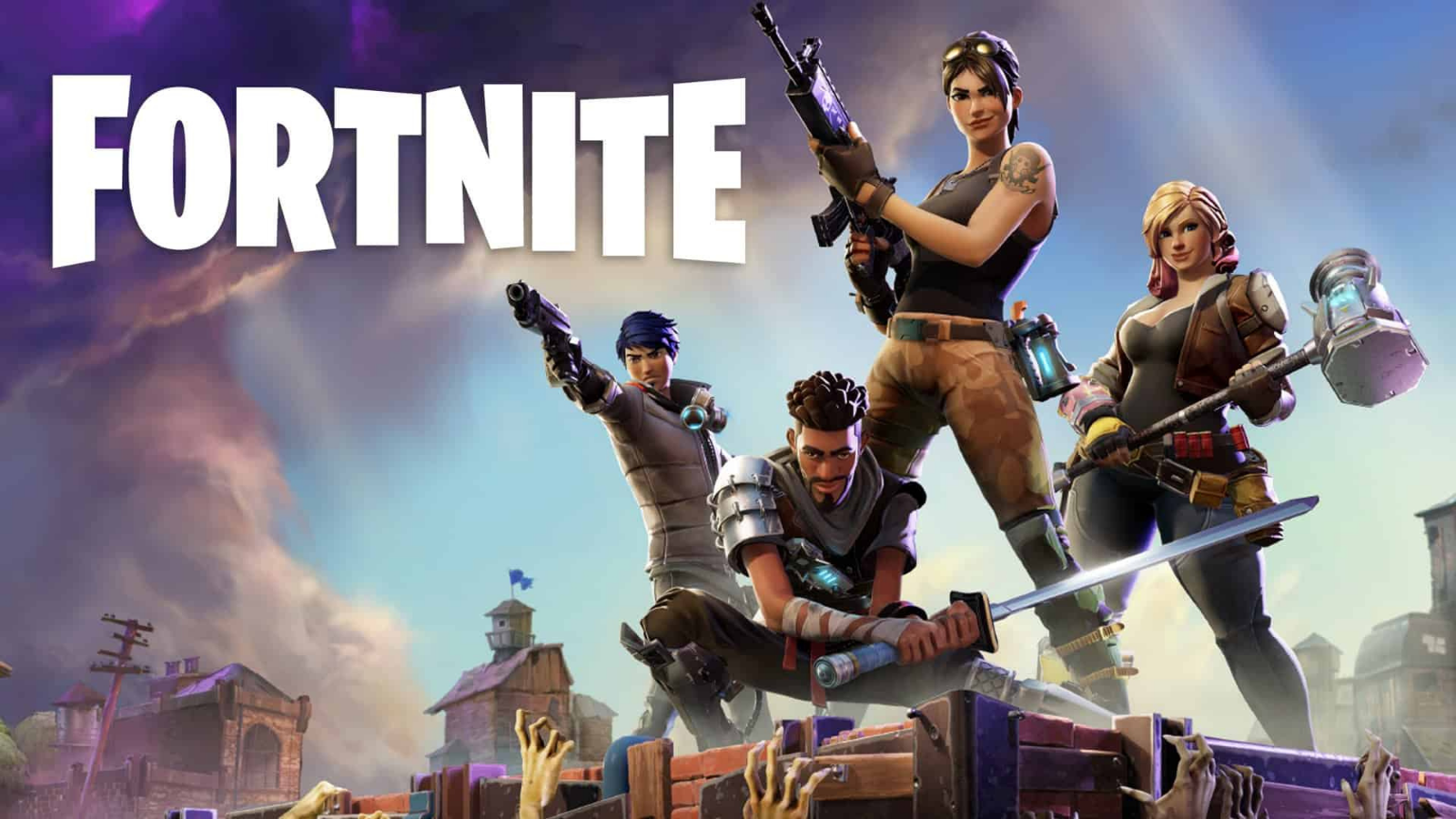 Fortnite game cover featuring five diverse characters holding weapons, standing on a wooden structure amid a cityscape with a cloudy sky.