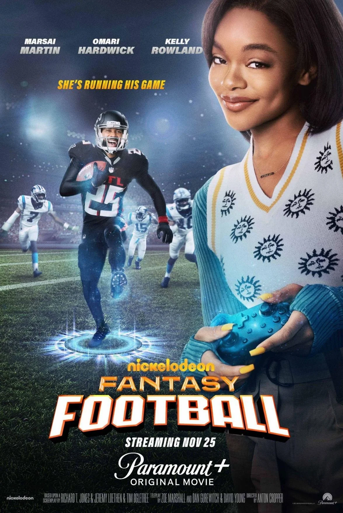 Promotional poster for Nickelodeon Fantasy Football, featuring a young woman with dark hair holding a game controller and smiling, with a football player running on the field in the background, and text indicating the streaming release date as November 25 on Paramount+