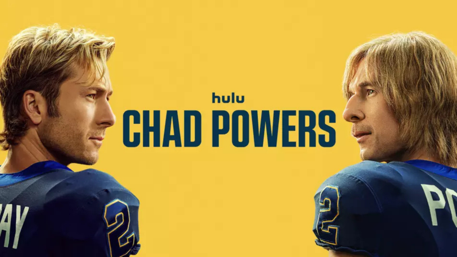 Two men in football uniforms are facing each other with a yellow background. The text in the middle reads 'hulu CHAD POWERS' in blue letters.