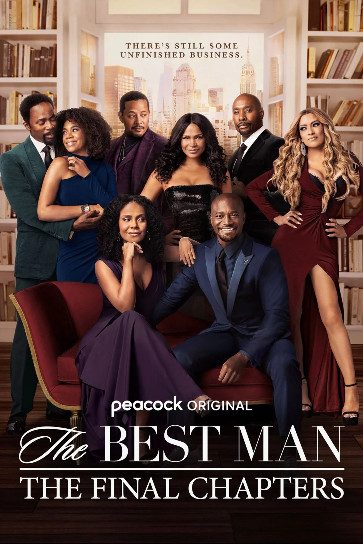 A group of eight diverse people dressed in formal attire, posing in a library with bookshelves and a city skyline backdrop. The text says, 'There's still some unfinished business.' The title of the show is 'The Best Man: The Final Chapters'.