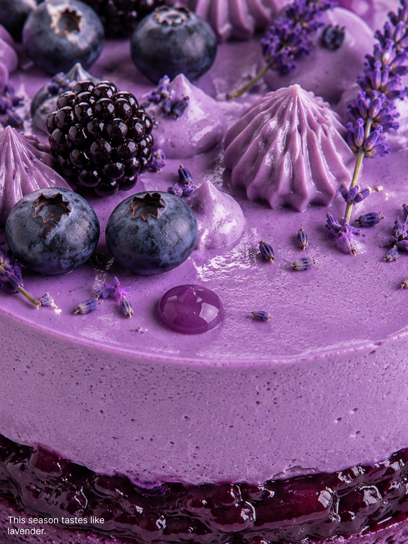 A lavender-colored layered dessert topped with fresh blueberries, blackberries, and lavender flowers.