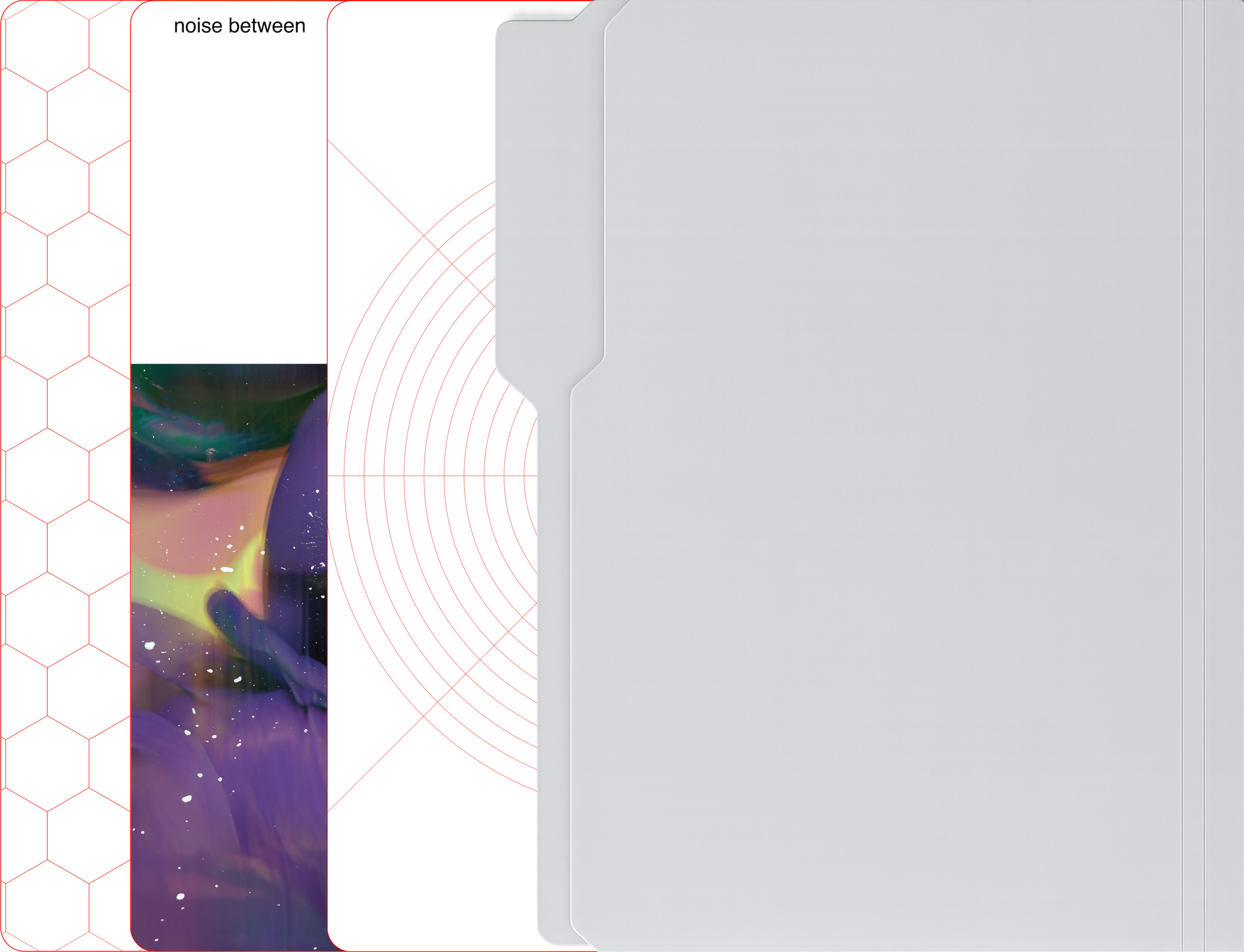 A smartphone box with colorful abstract artwork on the left and the phone partially visible on the right, with text indicating there is noise between components.