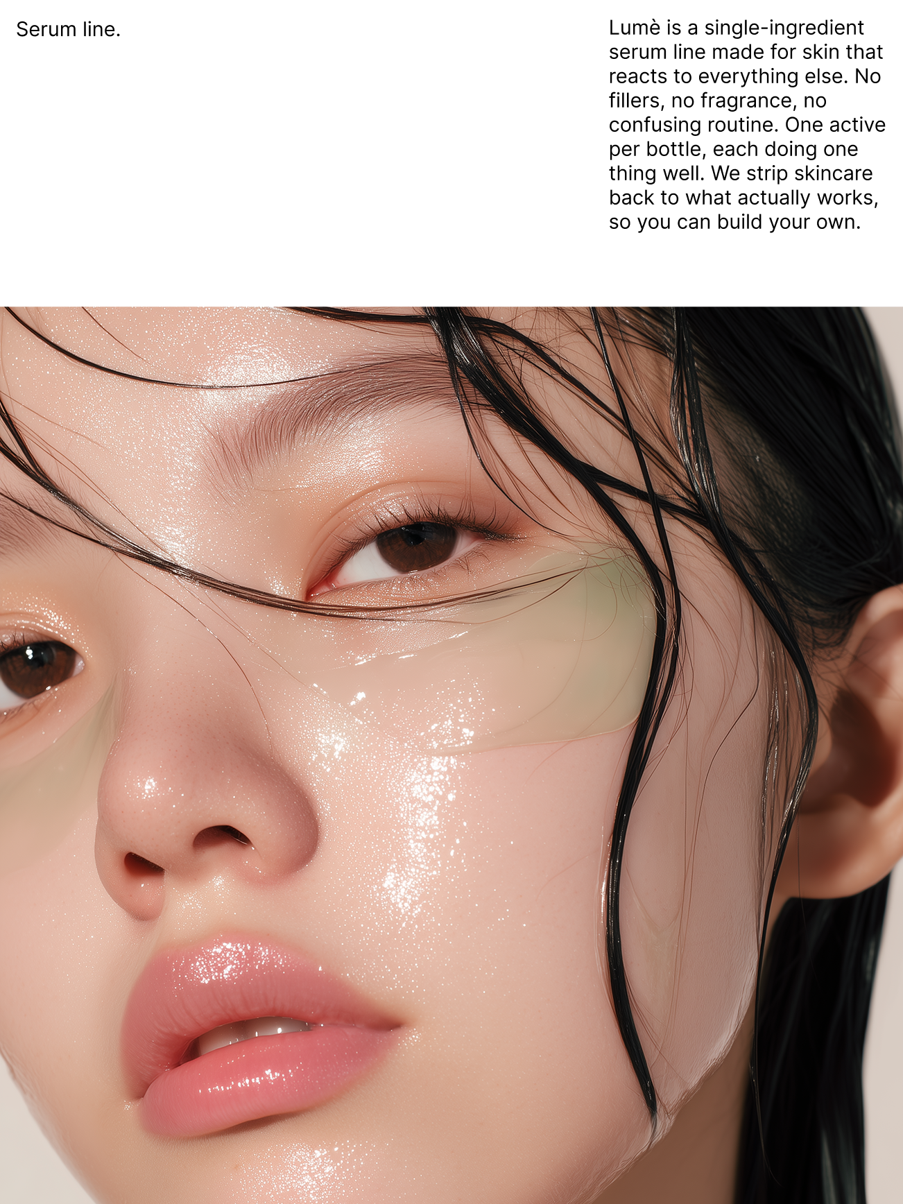 Close-up of a woman's face with dewy skin, wet hair, and soft makeup, focusing on her eye, lips, and nose.