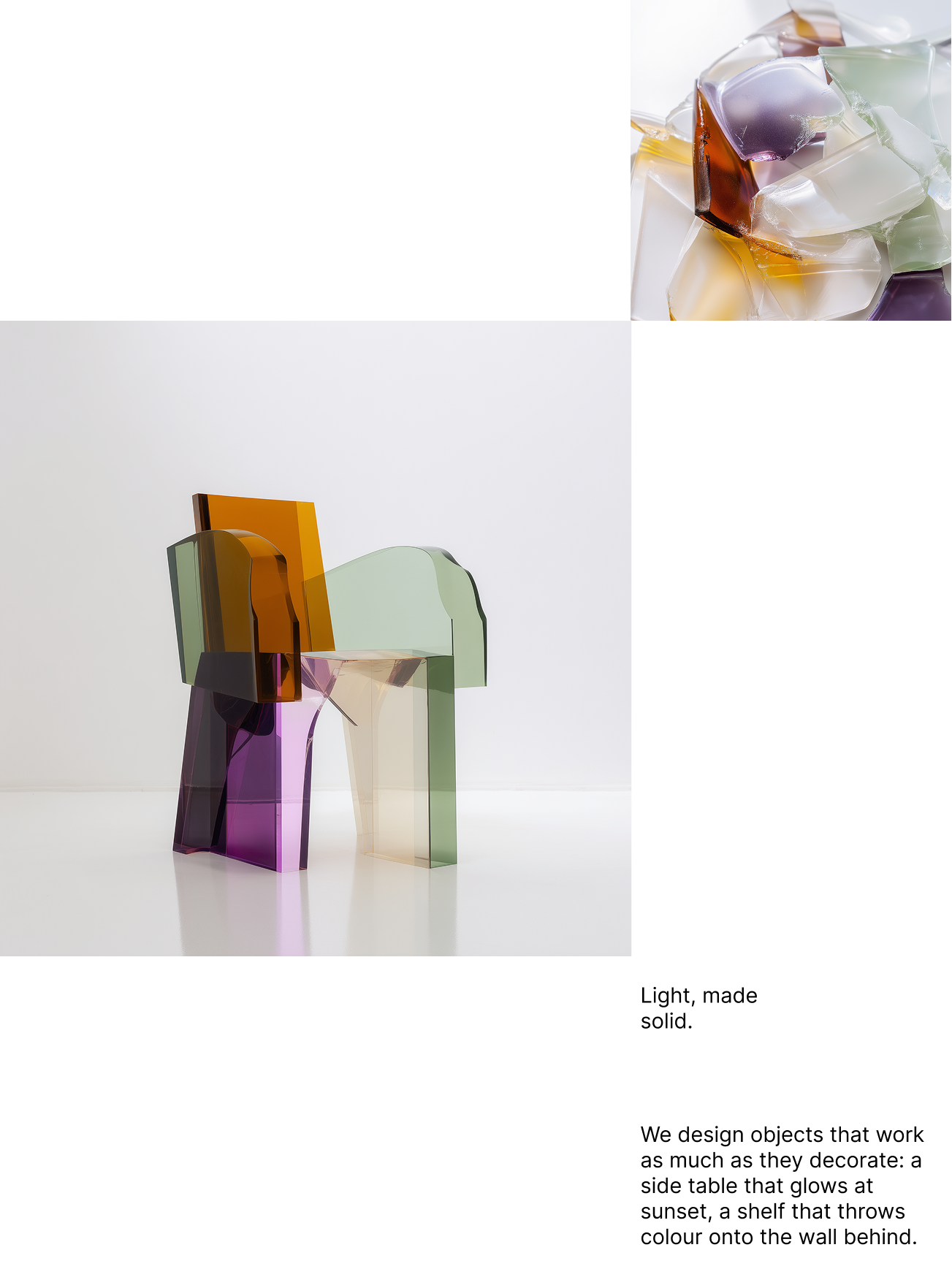 Colored glass objects made of light that function both as decor and practical objects, including a side table that glows at sunset and a shelf that casts colorful shadows on the wall.