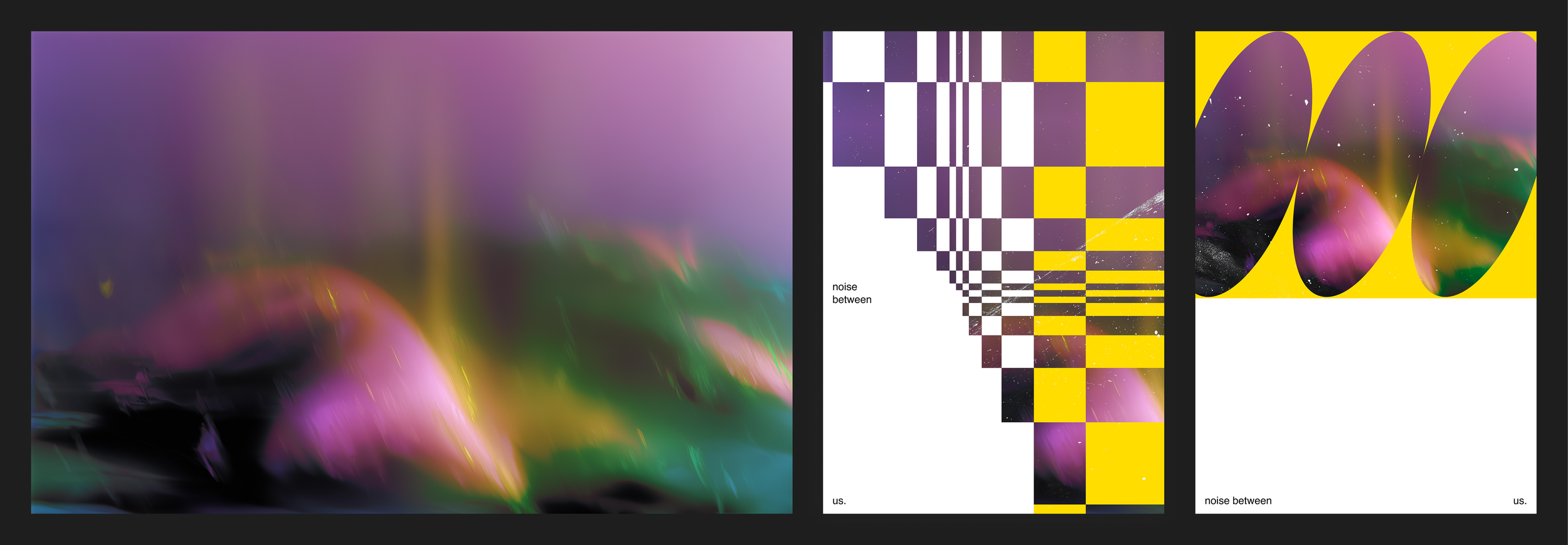 Three abstract artworks with colorful, swirling patterns and geometric designs, featuring purple, yellow, black, and white colors.