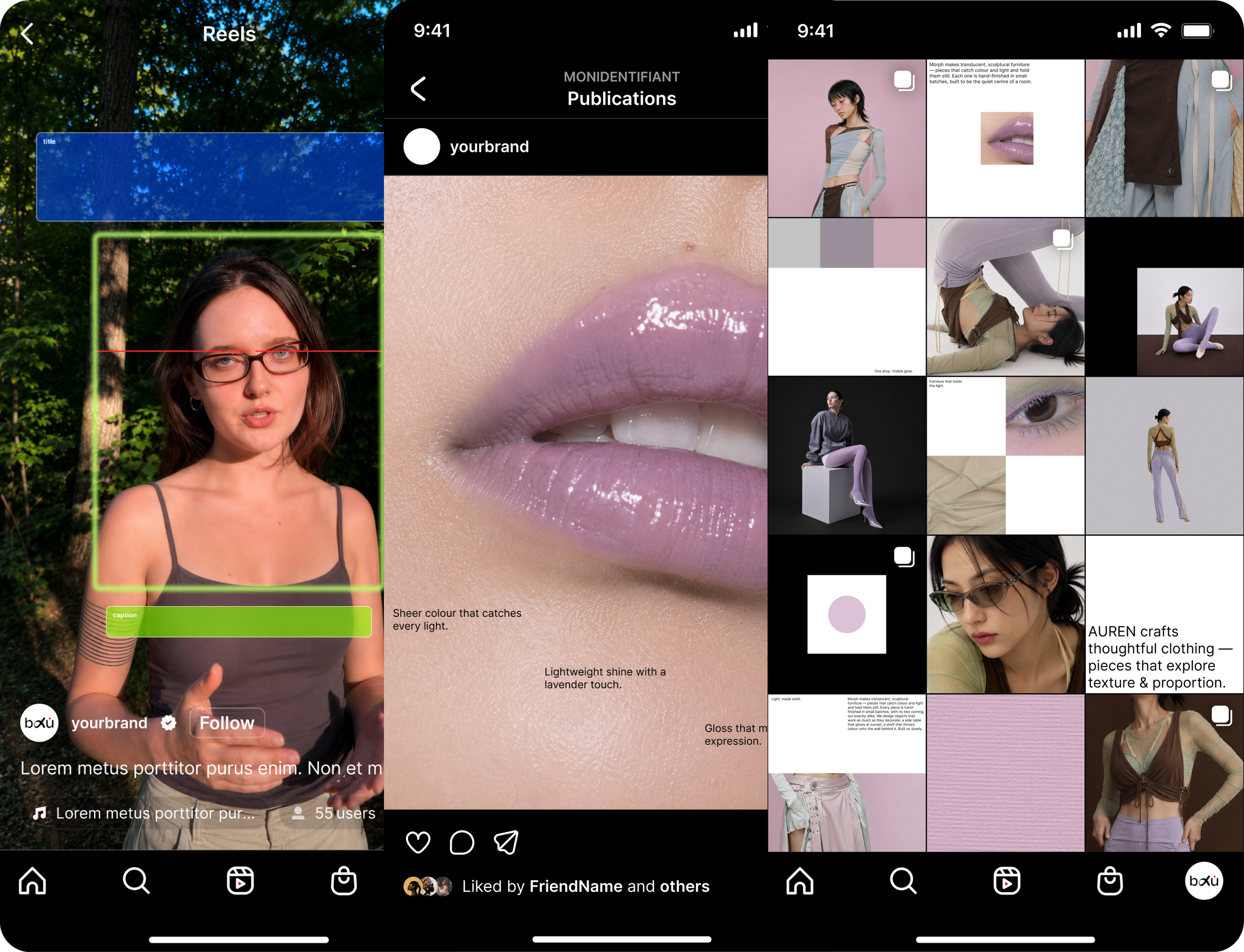 Screenshots of an app interface showing a video of a woman with glasses outdoors, a collection of fashion and beauty images, and a social media profile page with branding and posts about fashion and makeup.